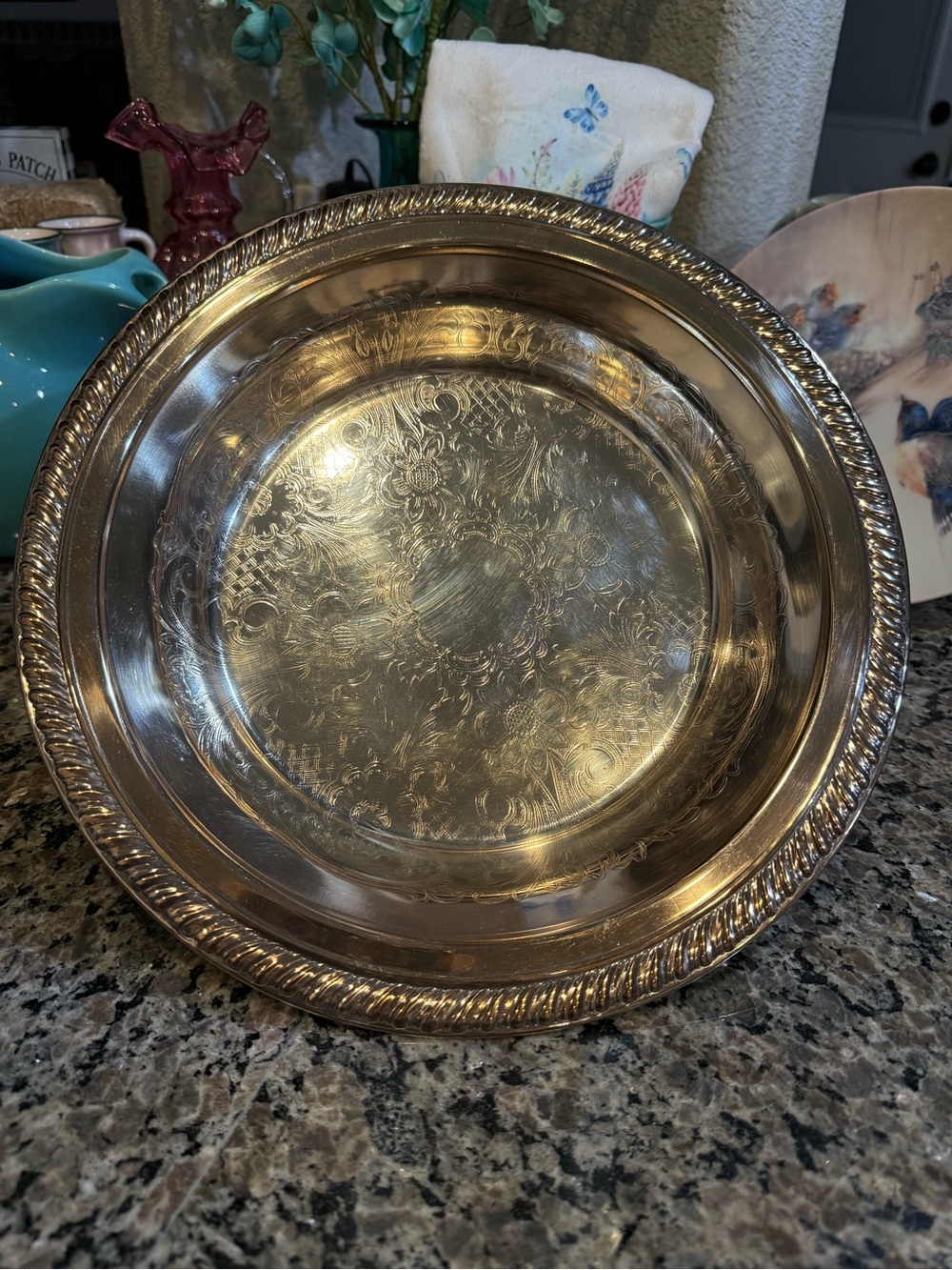 Vintage Eton Silver Plate Round Serving Bowl Tray 11.5” Diameter Ornate Engraved